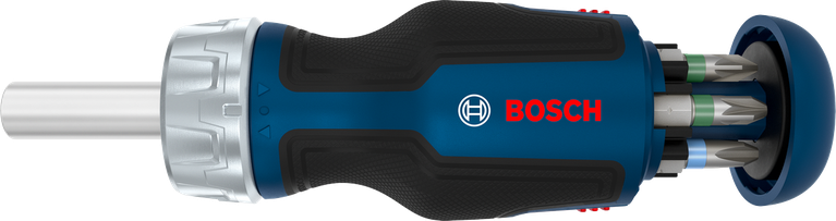 Tua vít có cần siết ngắn Bosch kèm hộp chứa 6 đầu vít.